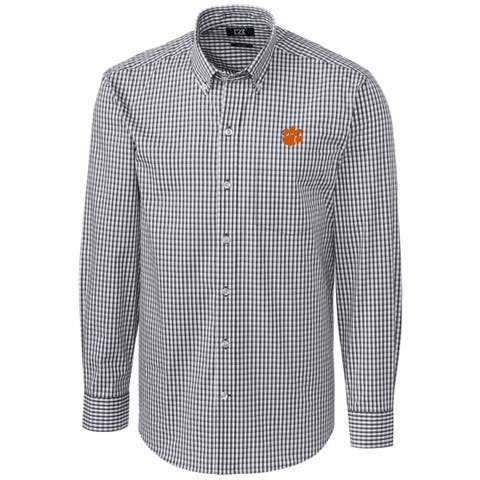 Men's Cutter & Buck Charcoal Clemson Tigers Big & Tall Stretch Gingham Long Sleeve Button Down Shirt
