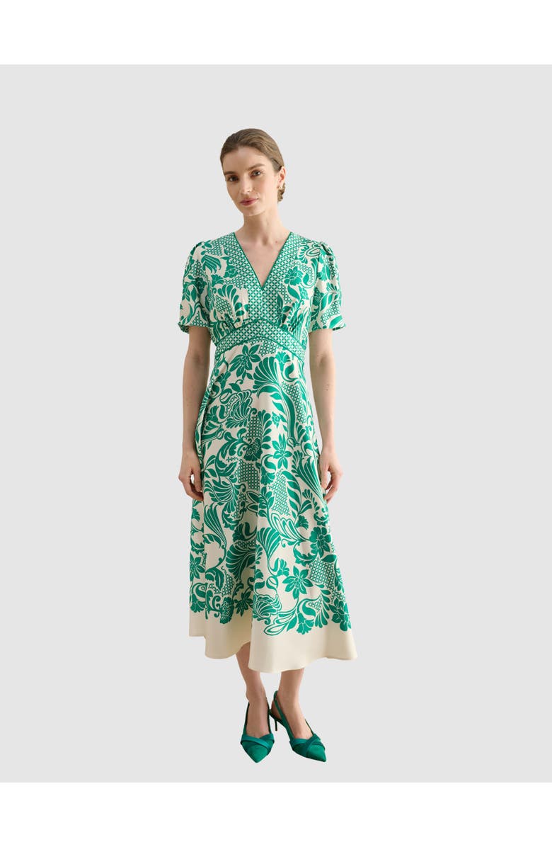 HOBBS LONDON Trelissick V-Neck Fit Flare Dress, Main, color, Greencream