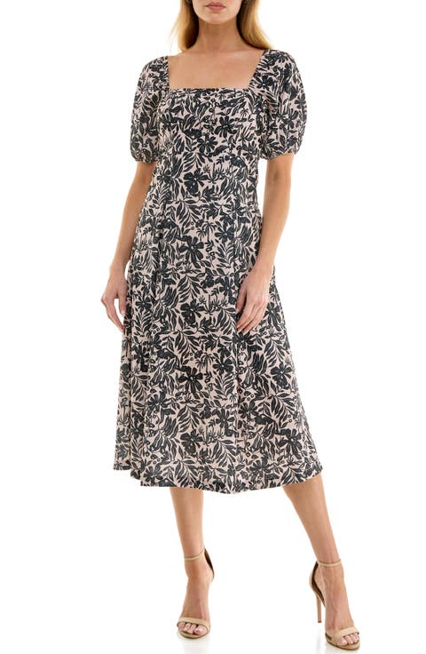 Floral Puff Sleeve Midi Dress