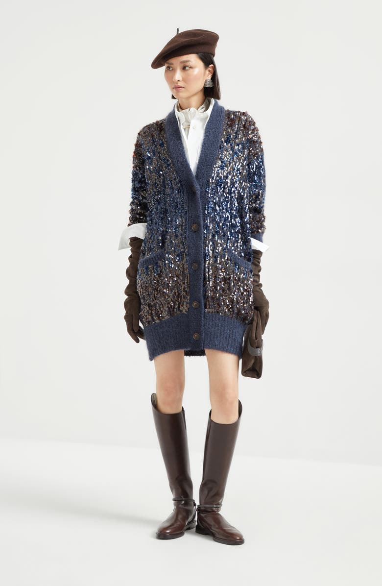 Brunello Cucinelli Dazzling dégradé embroidery cardigan, Alternate, color, Navy Blue