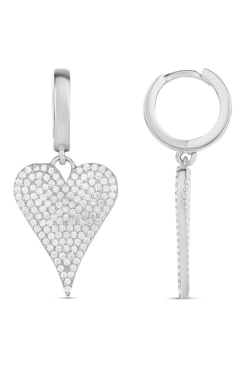 Pavé Heart Drop Huggie Hoop Earrings, Main, color, SILVER