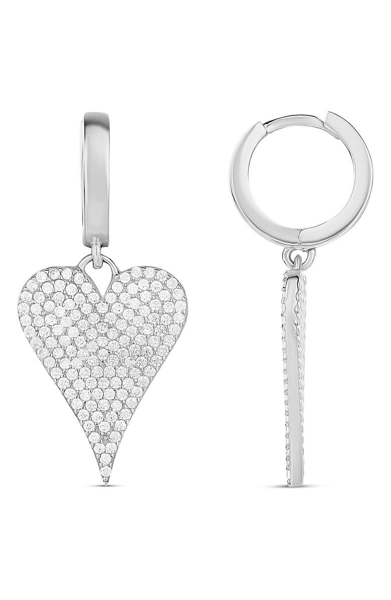 SHYMI Pavé Heart Drop Huggie Hoop Earrings, Main, color, Silver