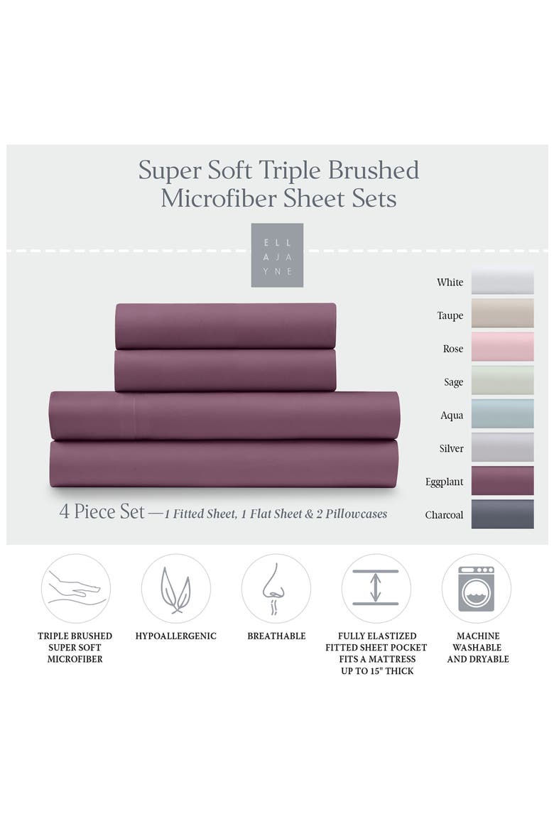 Ella Jayne Brushed Microfiber 4-Piece Sheet Set, Alternate, color, EGGPLANT