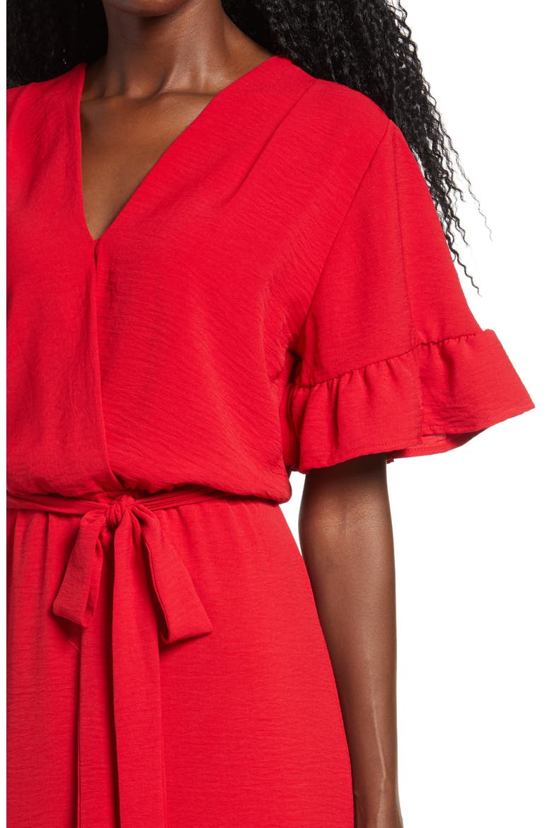 Ruffle Sleeve Faux Wrap Dress, Alternate, color, RED