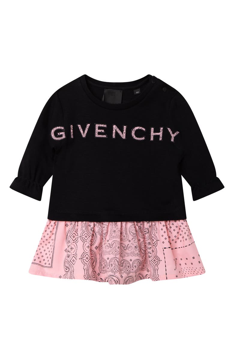 GIVENCHY KIDS Kids' Bandana Ruffle Long Sleeve Cotton Logo Dress, Main, color, 