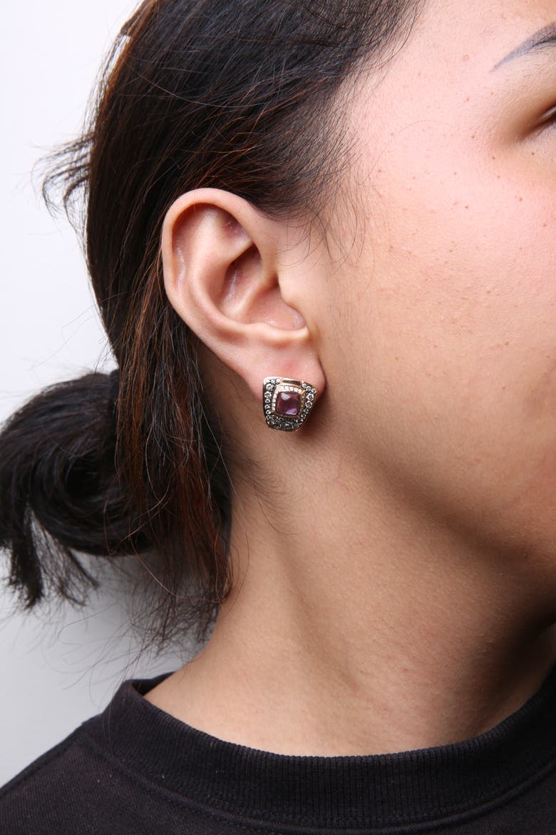 18K Gold 1 1/2 Cttw Diamond & Amethyst Gemstone Geometrical Stud Earrings, Alternate, color, Pink