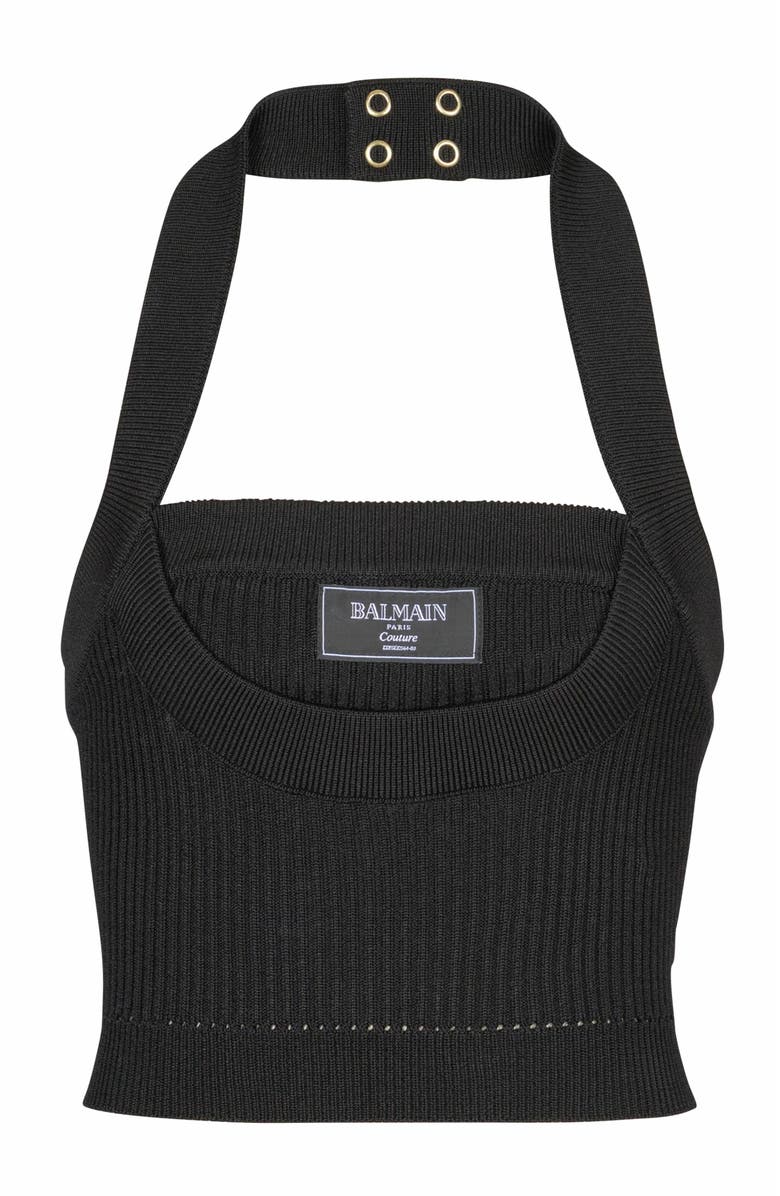 Balmain Ribbed Knit Halterneck Top, Main, color, Black