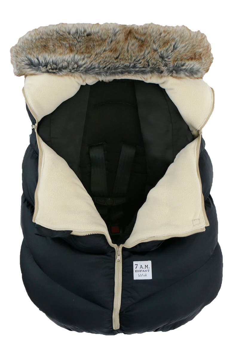 7 A.M. Enfant Water Repellent Faux Fur Trim Car Seat Cocoon, Alternate, color, Black Faux Fur