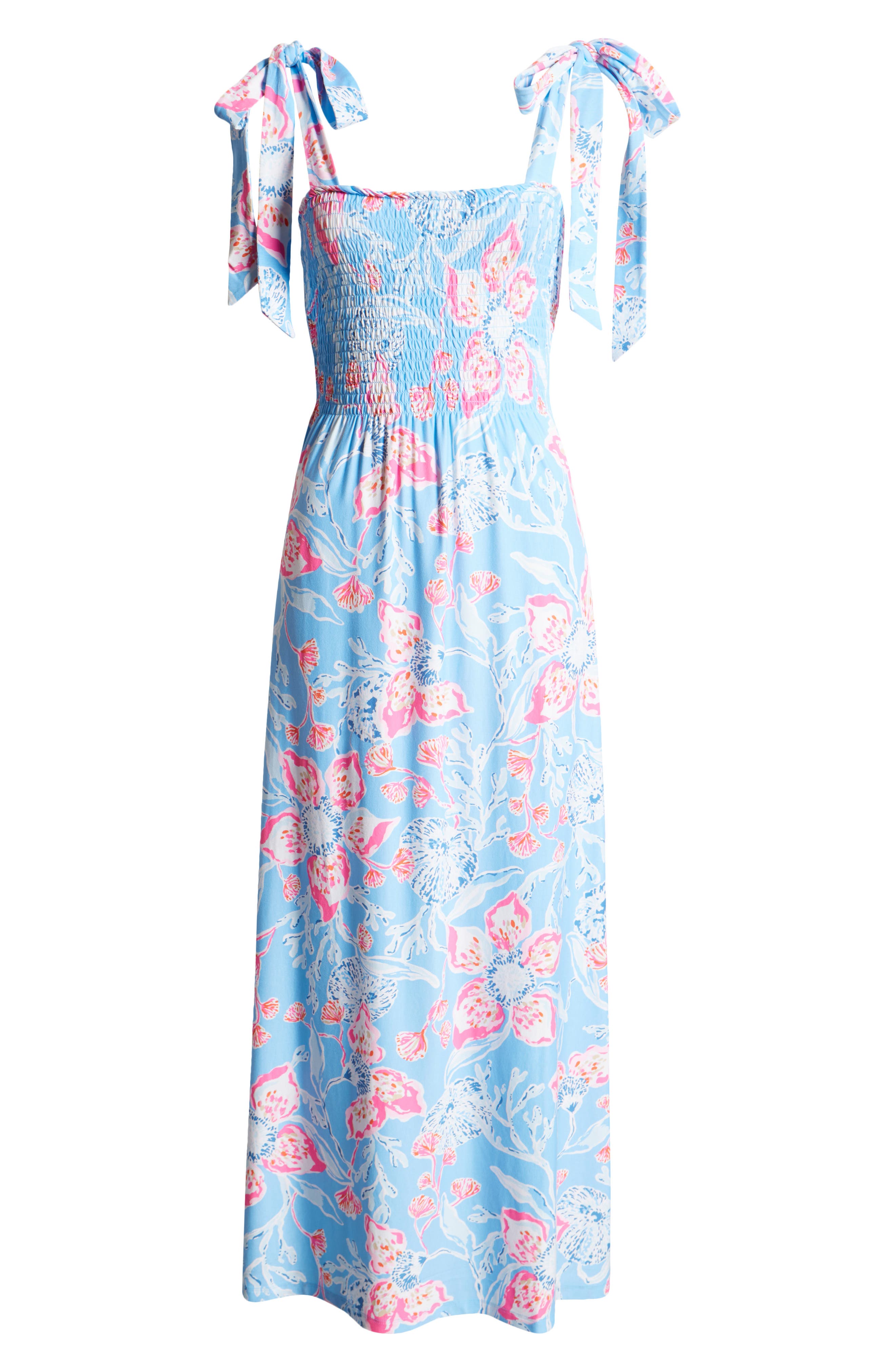 kailua smocked maxi dress New Lilly Pulitzer Kailua Smocked Maxi Dress Blue Floral Smocked Tie Strap Sz XL