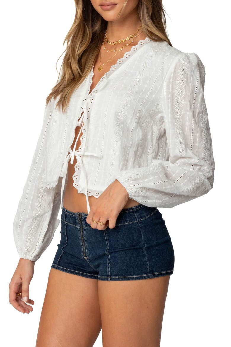 Lesley Lace Trim Tie Front Shirt, Alternate, color, WHITE