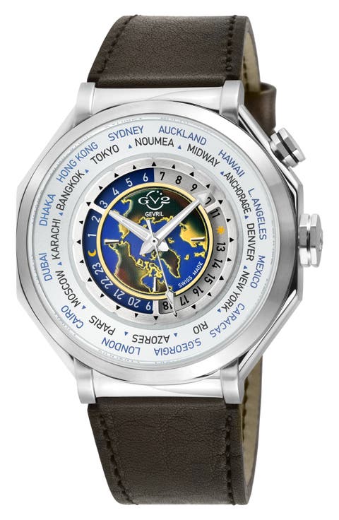 Marchese 3 Time Zones Leather Strap Watch, 44mm