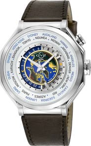 GV2 Marchese 3 Time Zones Leather Strap Watch, 44mm