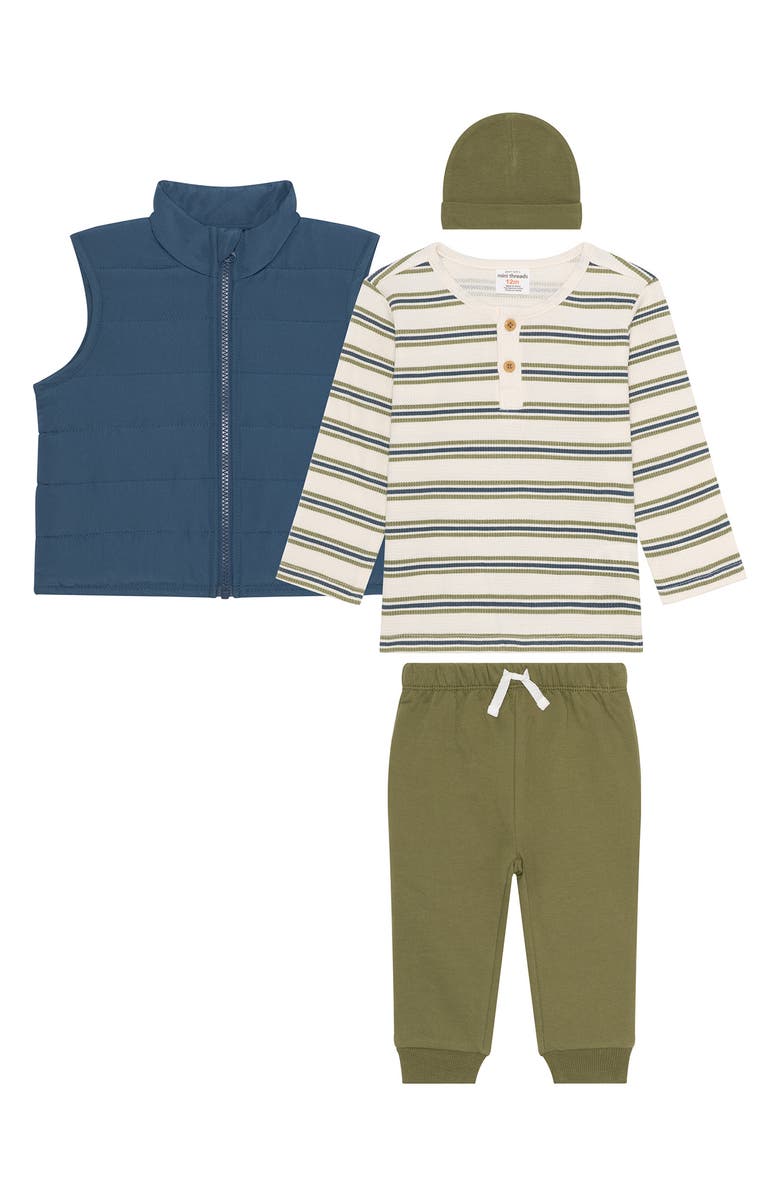 PL Baby by Petit Lem T-Shirt, Joggers, Puffer Vest & Beanie Set, Alternate, color, Blue Stripes