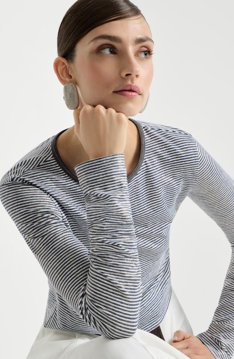 Brunello Cucinelli Striped jersey top with monili, Alternate, color, Blue