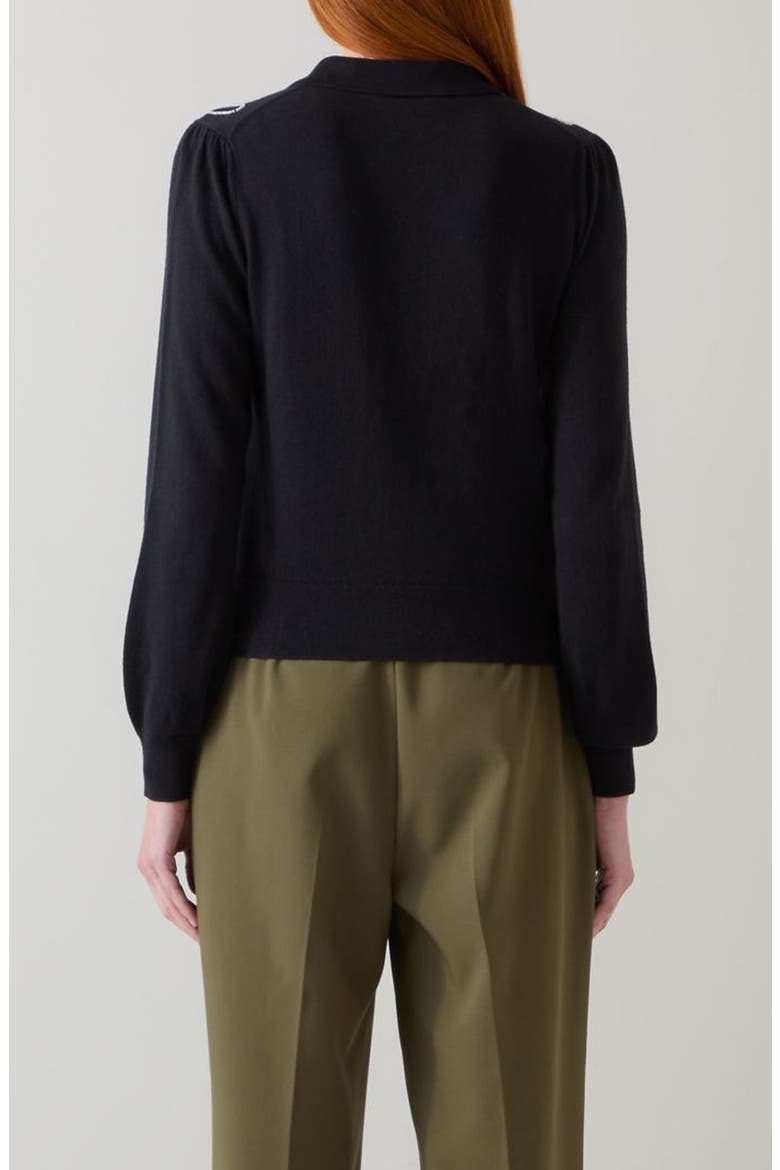 Judy Embellished Cotton & Merino Wool Collared Sweater, Alternate, color, BLACK CREAM