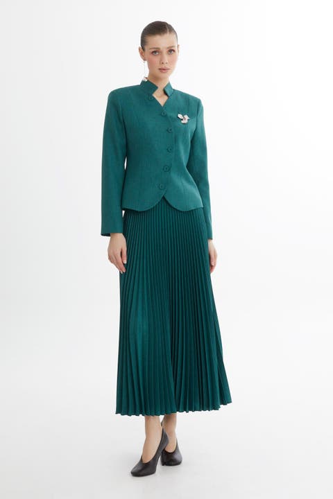 Double-Breasted Jacket and Pleated Skirt Set
