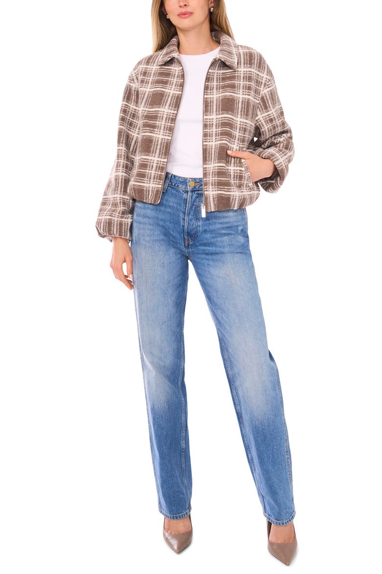 Plaid High Pile Fleece Bubble Jacket, Alternate, color, STONE KHAKI
