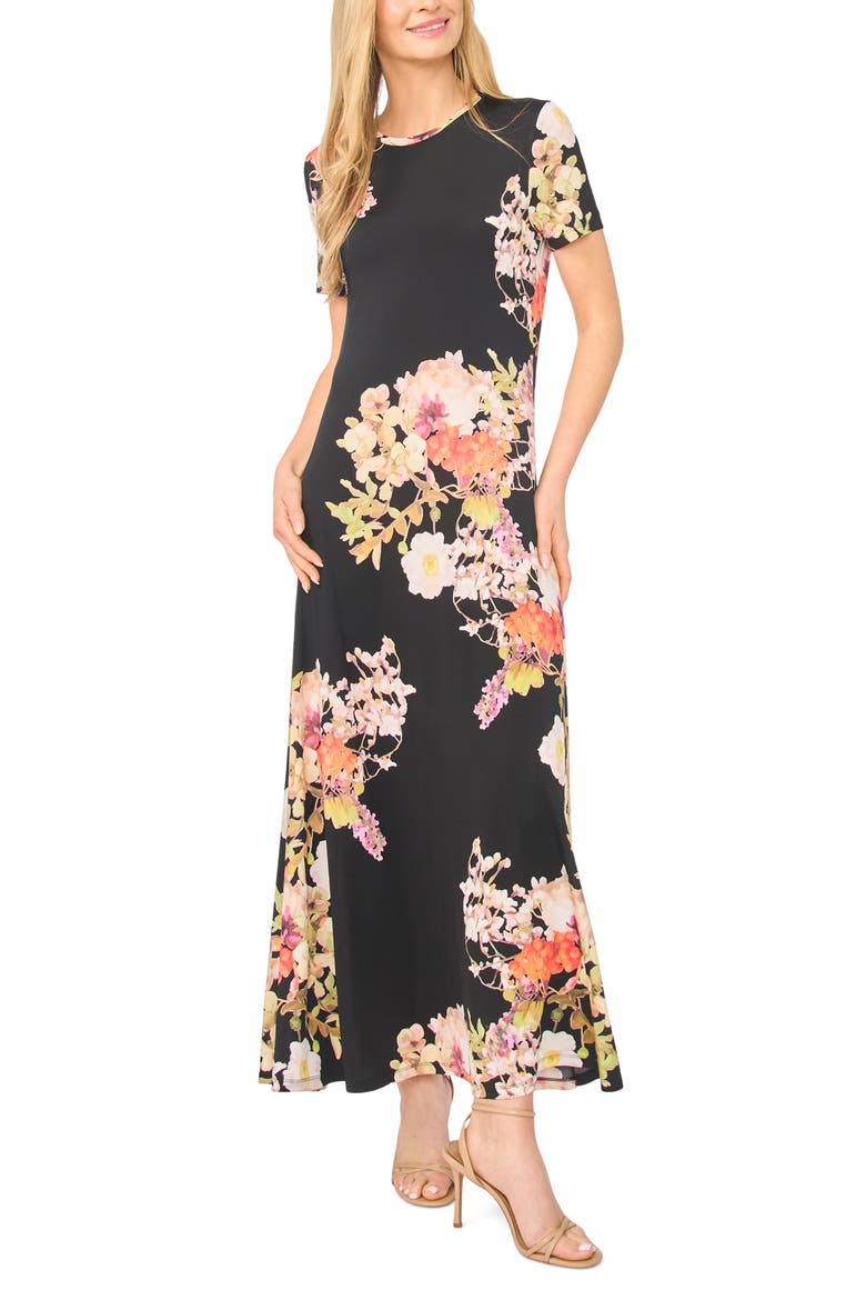 Theresa Floral T-Shirt Maxi Dress, Main, color, RICH BLACK
