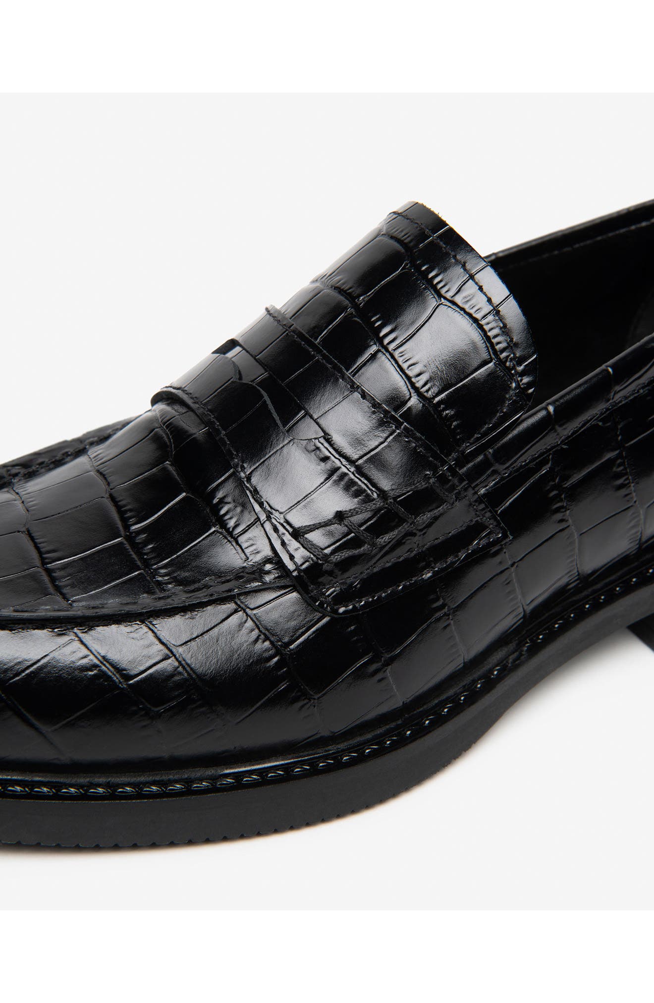 Croc Embossed Leather Penny Loafer, Alternate, color, BLACK