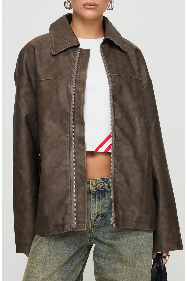 Oversize Zip Faux Leather Jacket, Main, color, BROWN