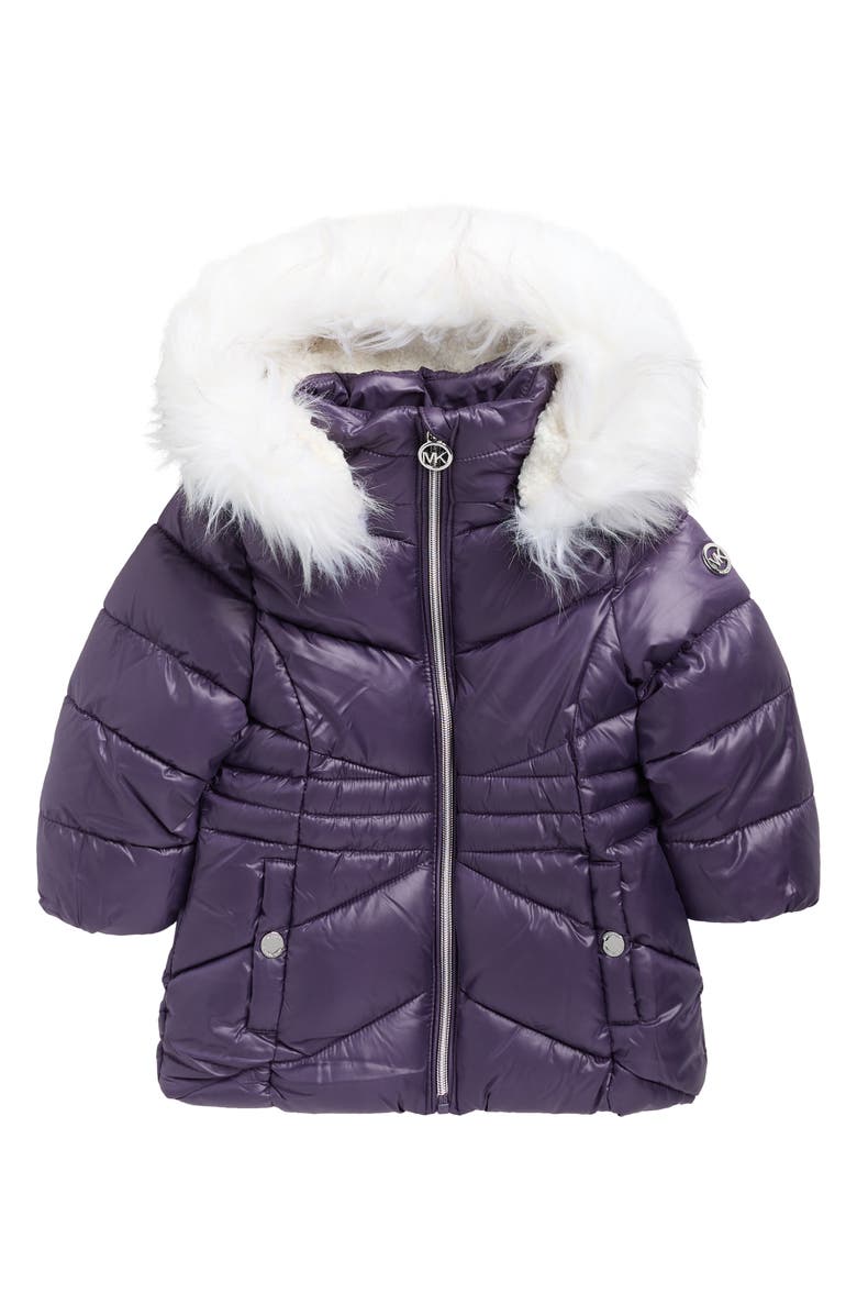 Michael Kors Kids' Stadium Puffer Jacket with Faux Fur Hood, Main, color, Dark Iris