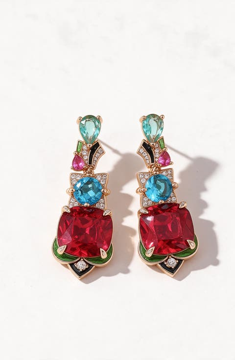 Gold Tone Crystal Geometric Statement Drop Earrings