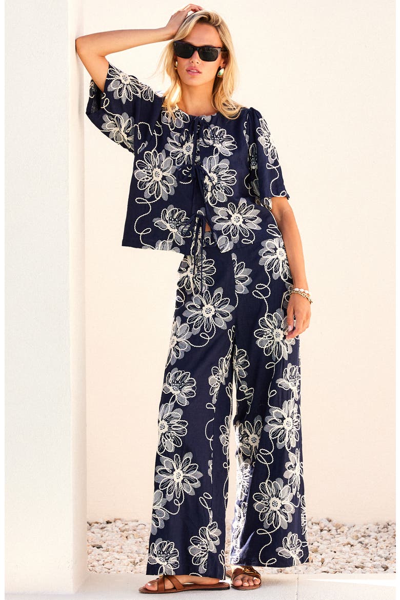 Adara Floral Embroidered Wide Leg Pants, Alternate, color, NAVY