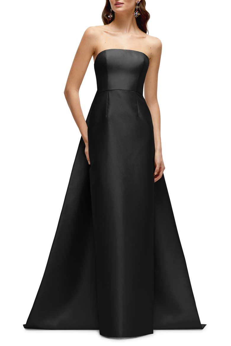 Strapless Satin Twill Column Gown with Removable Train, Main, color, BLACK