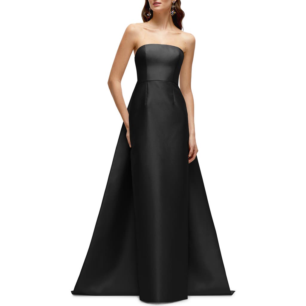 Alfred Sung Strapless Satin Twill Column Gown with Removable Train in Black