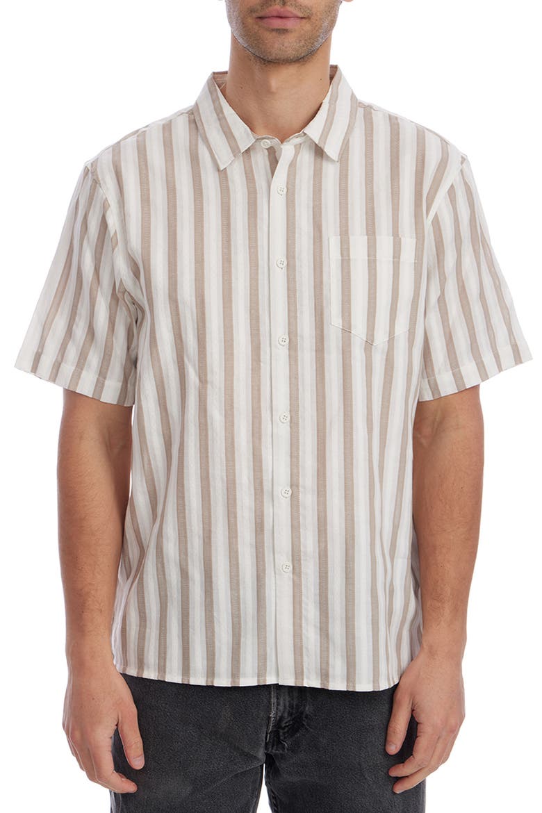 Stripe Jacquard Short Sleeve Cotton Button-Up Shirt, Main, color, TAN