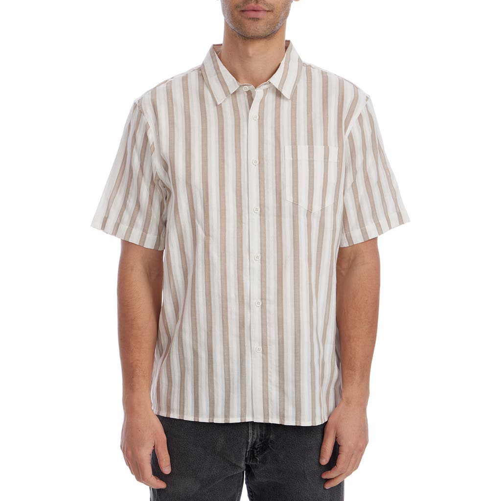 Px Stripe Jacquard Short Sleeve Cotton Button-up Shirt In Brown
