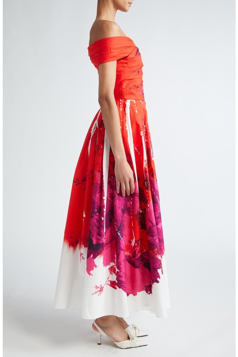 Rose Poppy Print Off the Shoulder Midi Cocktail Dress, Alternate, color, ROSE POPPY