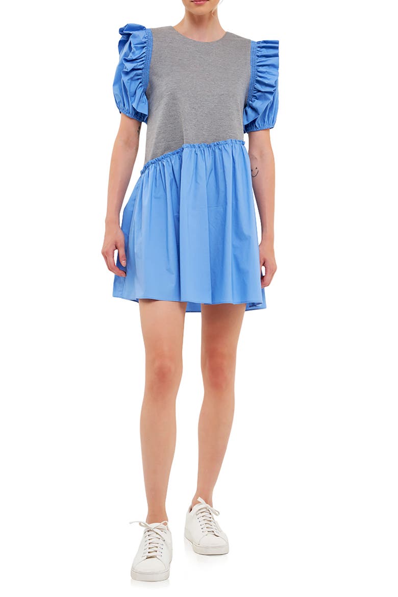 Mixed Media Ruffle Minidress, Main, color, GREY/ BLUE