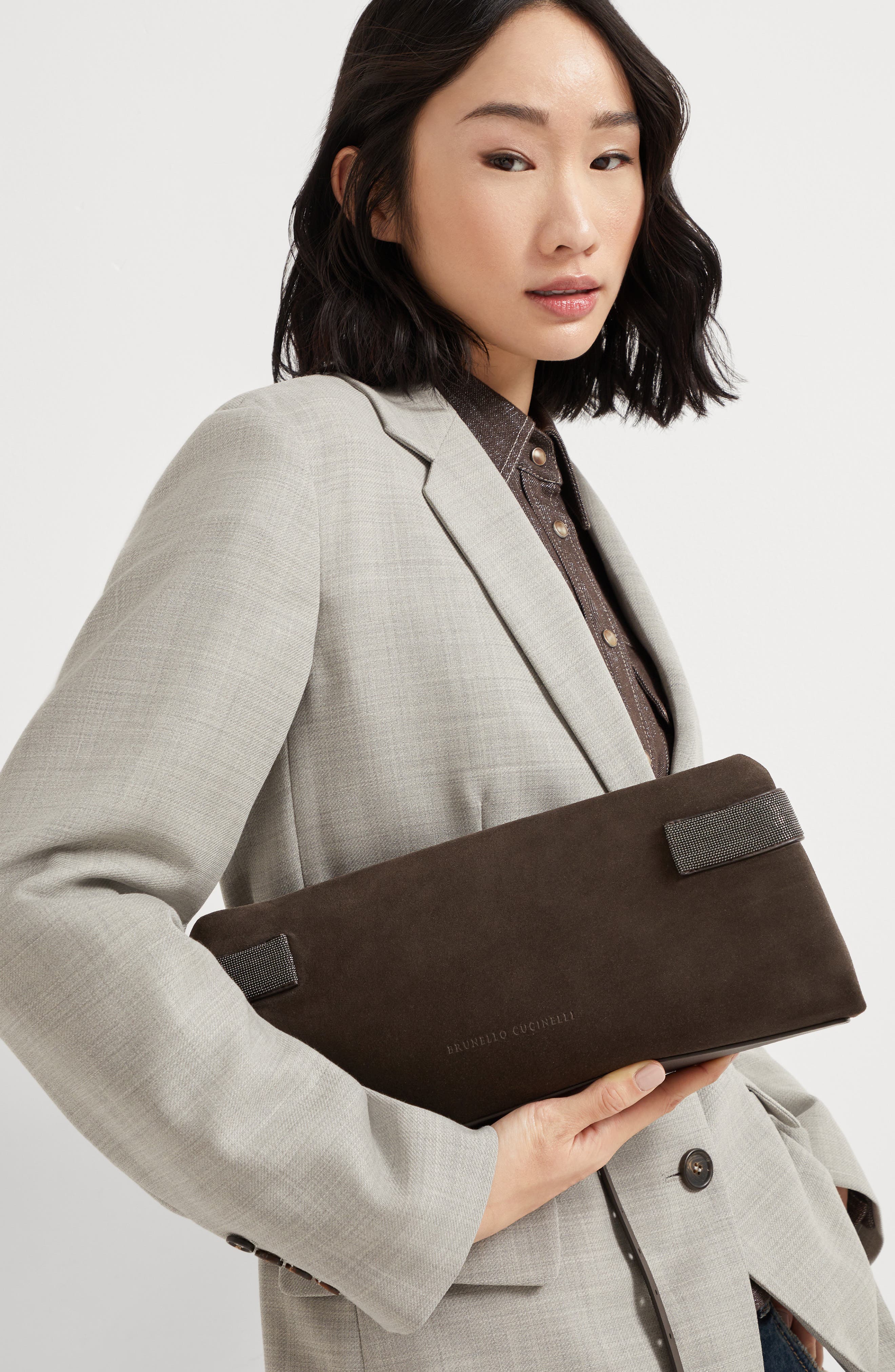 Brunello Cucinelli Essence pouch bag, Alternate, color, Pine Cone Brown