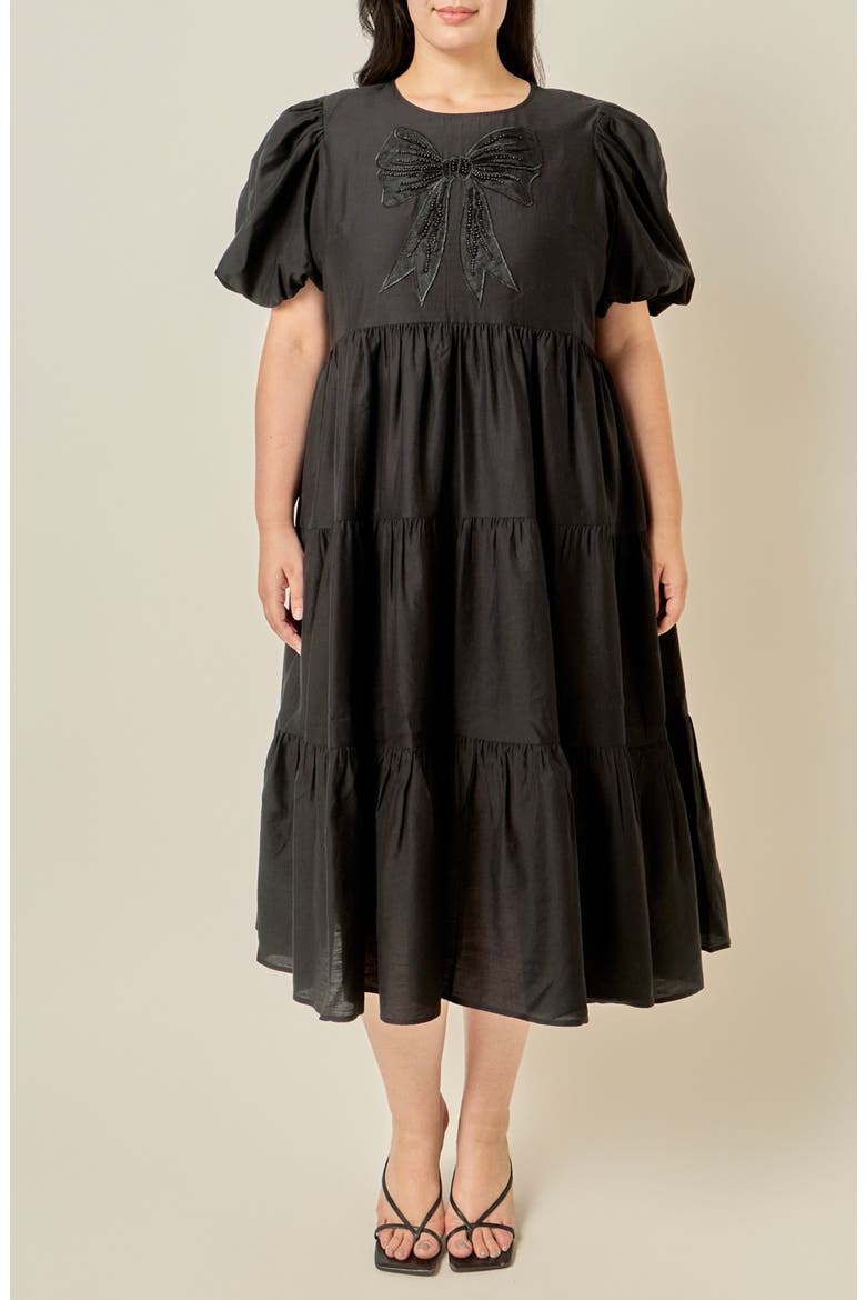 Bow Puff Sleeve Midi Dress, Main, color, BLACK