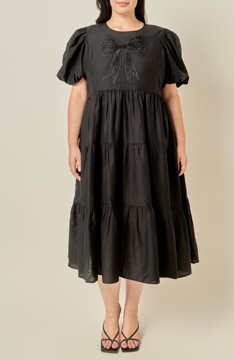 Bow Puff Sleeve Midi Dress