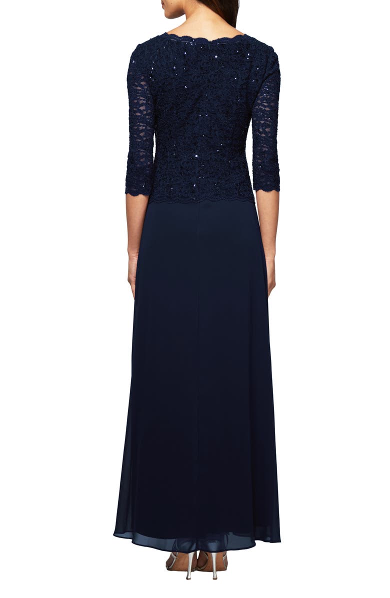 Alex Evenings Sequin Lace & Chiffon Gown, Alternate, color, Navy