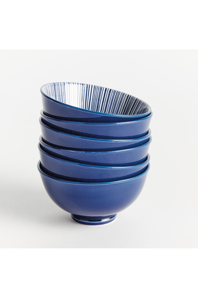 Stria 4.75" Bowls, Set of 6 - Dark Blue/White Ceramic, Alternate, color, Blue