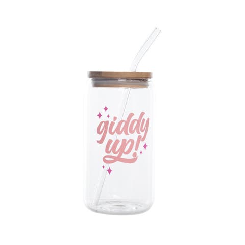 Giddy Up! Glass Cup w/ Lid and Straw Glass Clear 16 oz