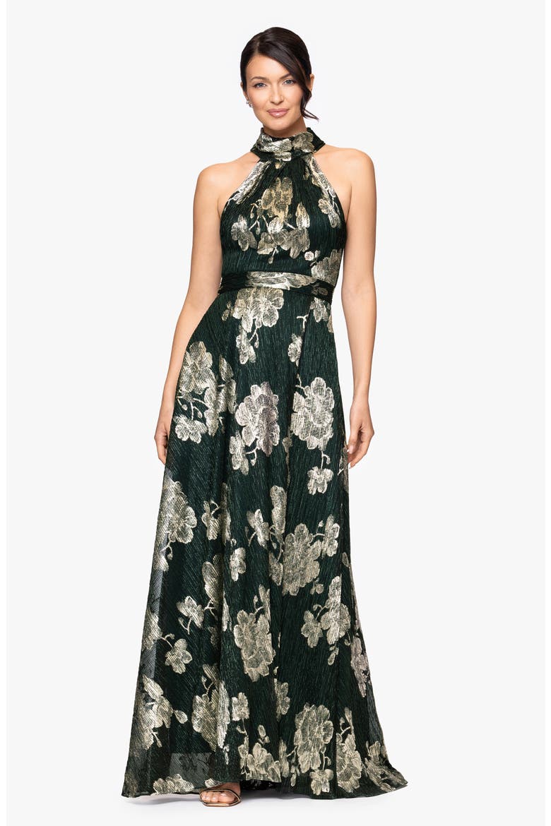 Crinkle Metallic Floral Gown, Alternate, color, HUNTER/ GOLD
