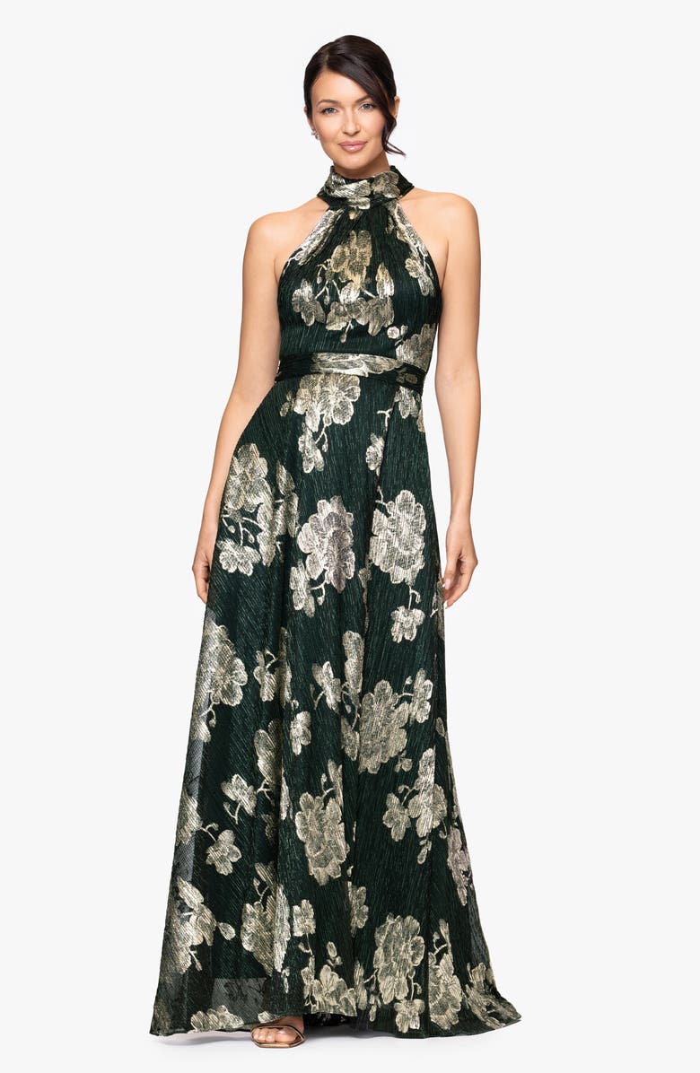 Betsy & Adam Crinkle Metallic Floral Gown, Alternate, color, Hunter/ Gold