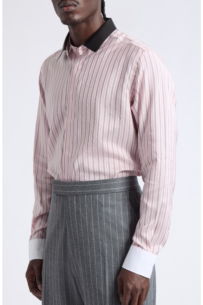 Stripe Silk Button-Up Shirt with Removable Leather Collar, Alternate, color, ROSE/ WHITE