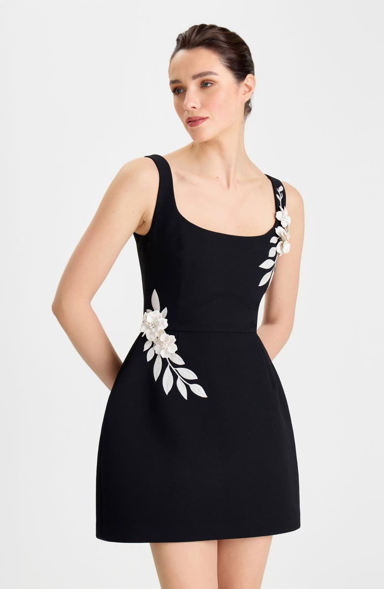 NADINE MERABI Lana Floral Appliqué Fit & Flare Cocktail Minidress, Alternate, color, Black