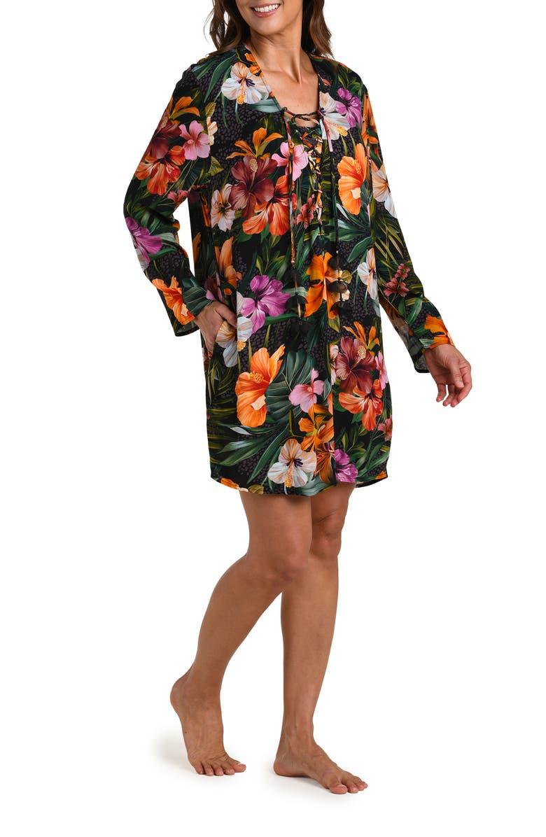 La Blanca Tropical Hideaway Lace-Up Cover-Up Tunic, Alternate, color, Brown Multi