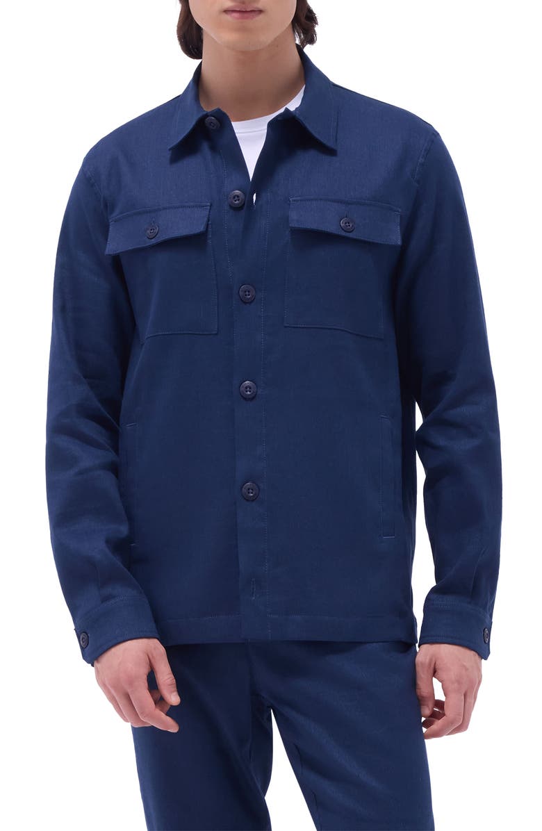 Bugatchi Linen & Cotton Stretch Shirt Jacket, Main, color, Navy