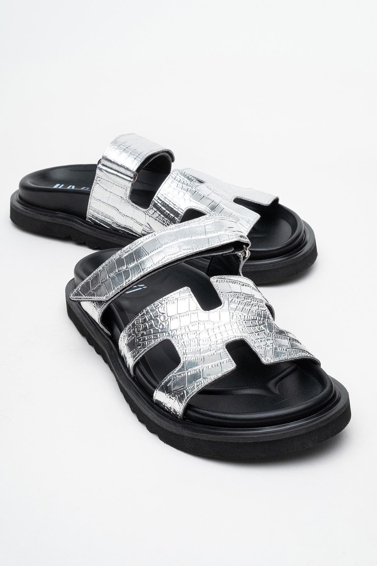 Loana Leather Slide Sandal, Alternate, color, Silver Leather