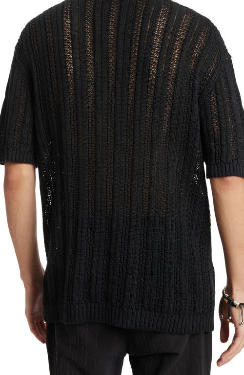 John Varvatos Odin Short Sleeve Textured Linen Johnny Collar Sweater In Black