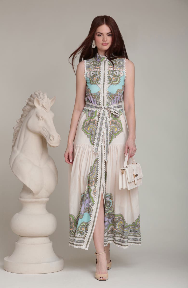 Avec Les Filles Placed Paisley Lace Trim Cotton Maxi Dress, Alternate, color, Cream Lisa Paisley