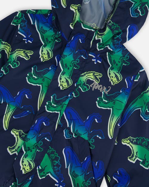 DEUX PAR DEUX DEUX PAR DEUX LITTLE BOY'S PRINTED PACKABLE WINDBREAKER BLUE AND GREEN DINO ON NAVY