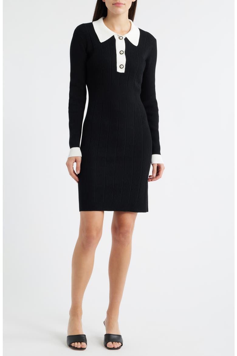Long Sleeve Polo Dress, Main, color, BLACK WHITE
